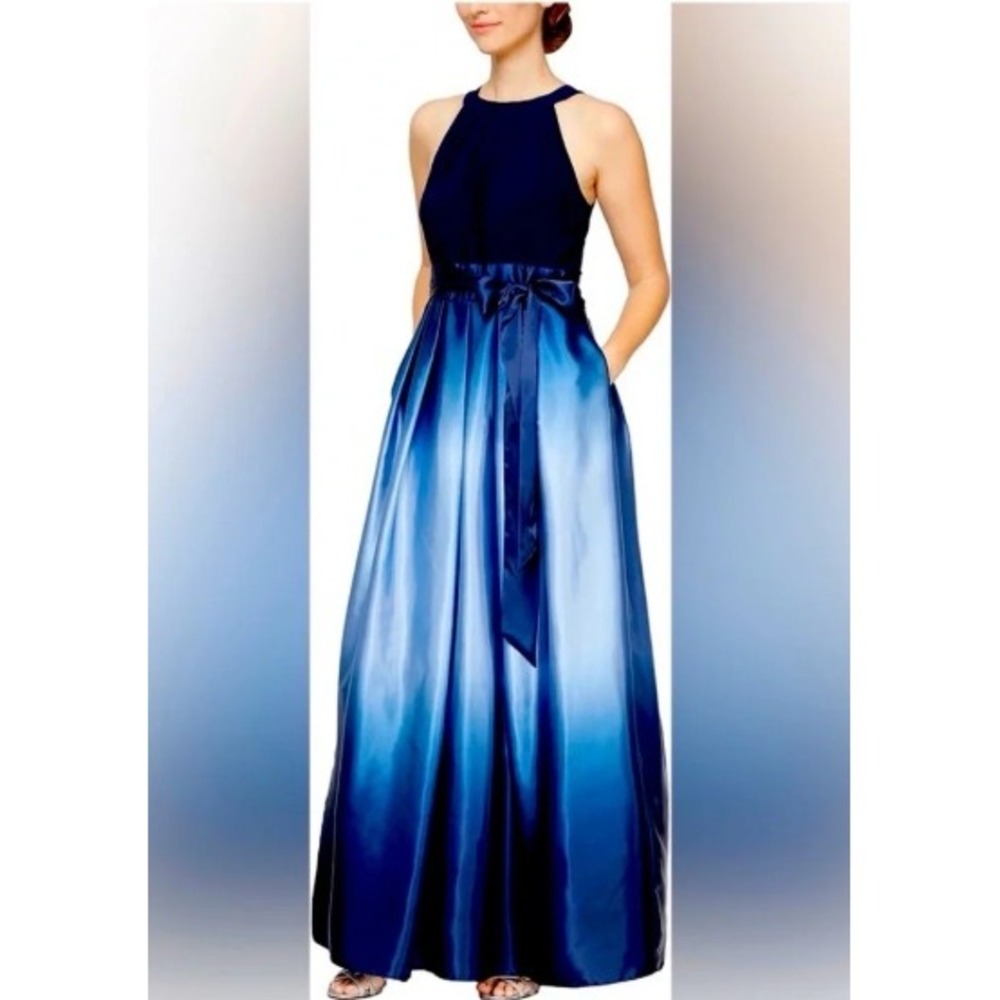 SLNY Ombre Gown Navy Blue Halter Satin‎ Pockets Formal Dress Prom Party Size 6